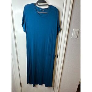 Iconic Luxe Teal Blue Short Sleeve Jersey Knit Maxi Dress Women OS